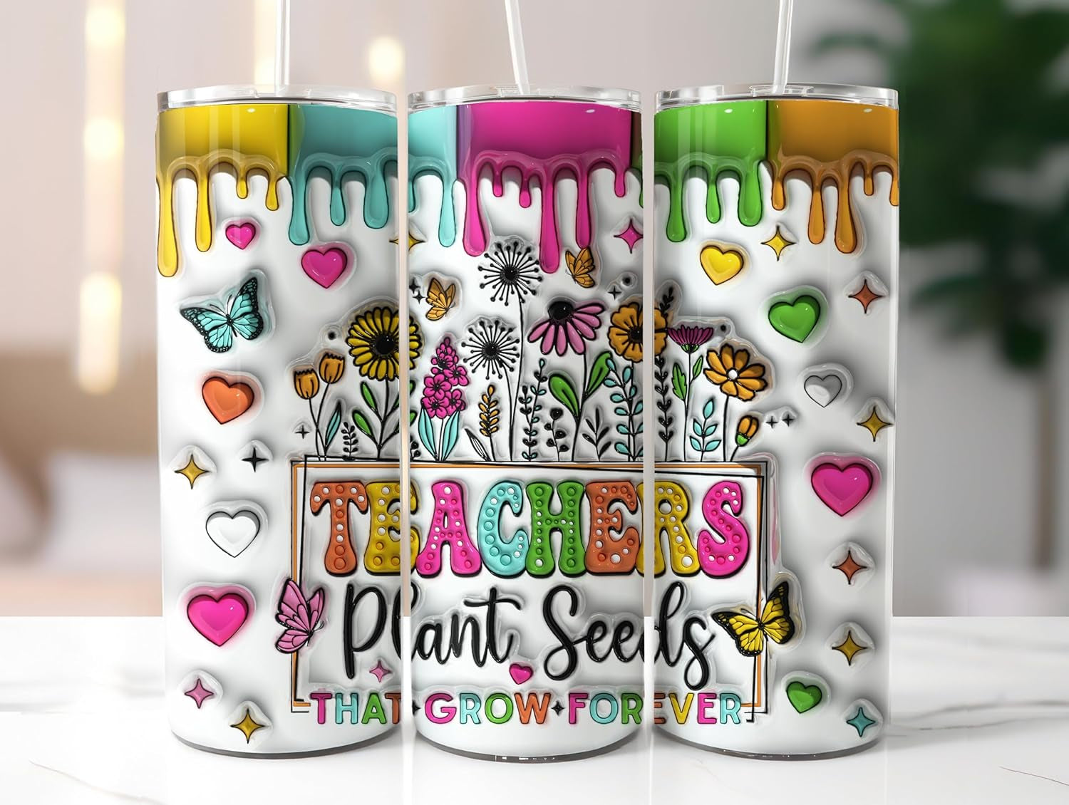 Personalized 3D Teacher Groovy Plant Seeds That Grow Forever Tumbler 20oz Back to School 