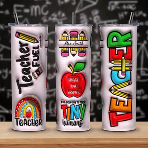 Personalised 3D Inflated Effect Apple Pencil Rainbow 20Oz Skinny Tumbler, Appreciation Teacher'S Day Gift for Teacher, Back To School