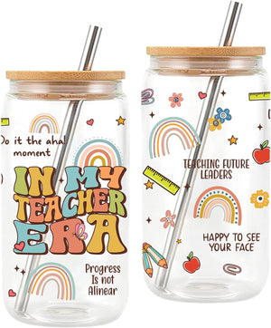 In My Teacher Era 16 Oz Iced Coffee Glass Cup, Personalized Glass Cup