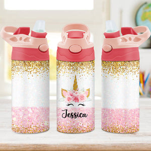 Unicorn Glitter Background, Personalized Water Bottle With Straw, Back To School Gift For Kid