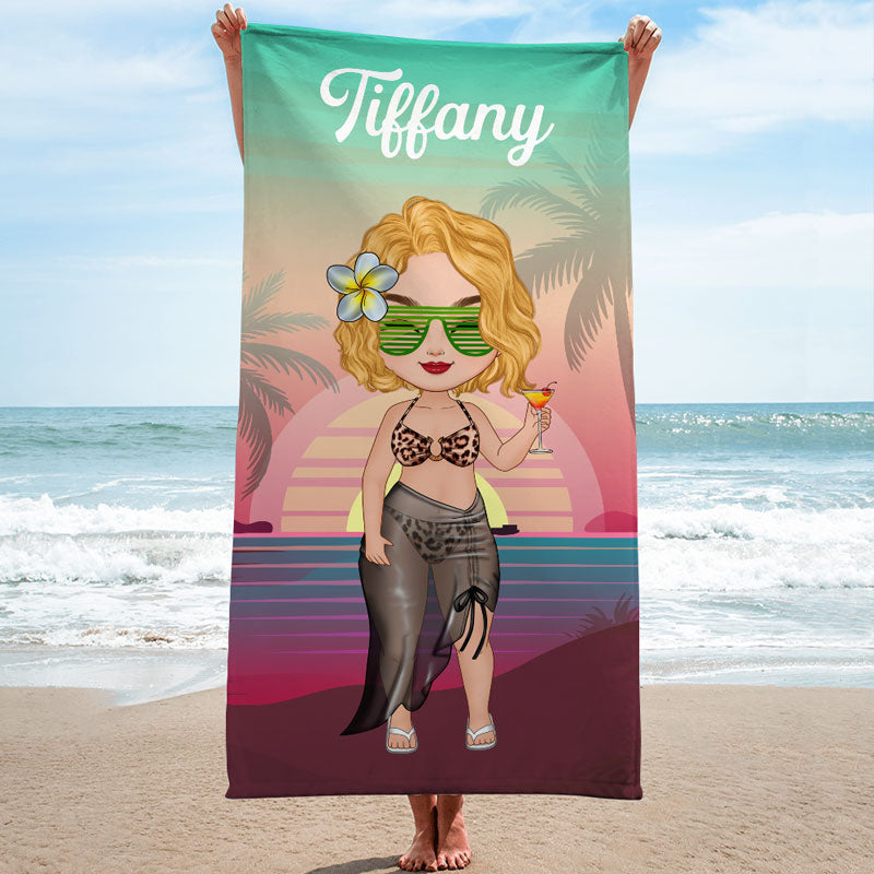 Woman On Beach Chibi Lady Sunset, Personalized Beach Towel, Beach Accessories For Vacation