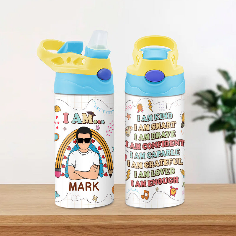 I Am Kind Smart Brave, Personalized Water Bottle With Straw, Back To School Gift For Kid