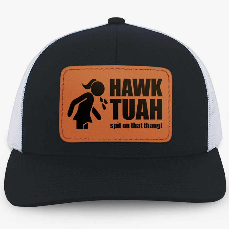 Hawk Tuah Spit On That Thang Girl Silhouette, Personalized Trucker Leather Patch Hat, Election 2024, Trending Hat