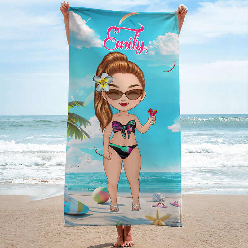 Woman On Beach Chibi Lady, Personalized Beach Towel, Beach Accessories For Vacation