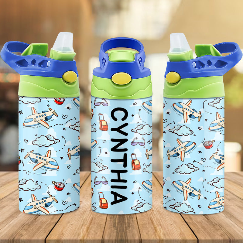 Vehicle Background Bottle, Personalized Water Bottle With Straw, Back To School Gift For Kid