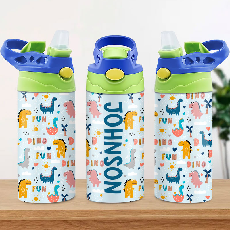 Dinosaur Kids Water Bottle, Personalized Water Bottle With Straw, Back To School Gift For Kid