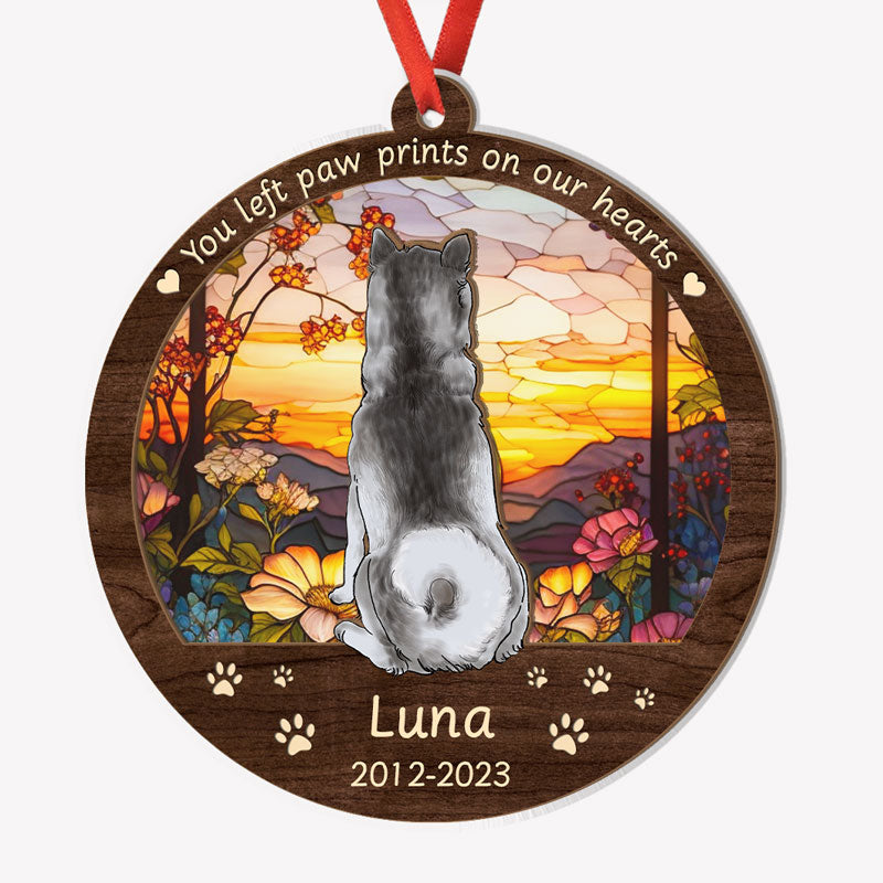 Left Paw Prints On Our Hearts, Personalized Suncatcher Ornament, Car Hanger