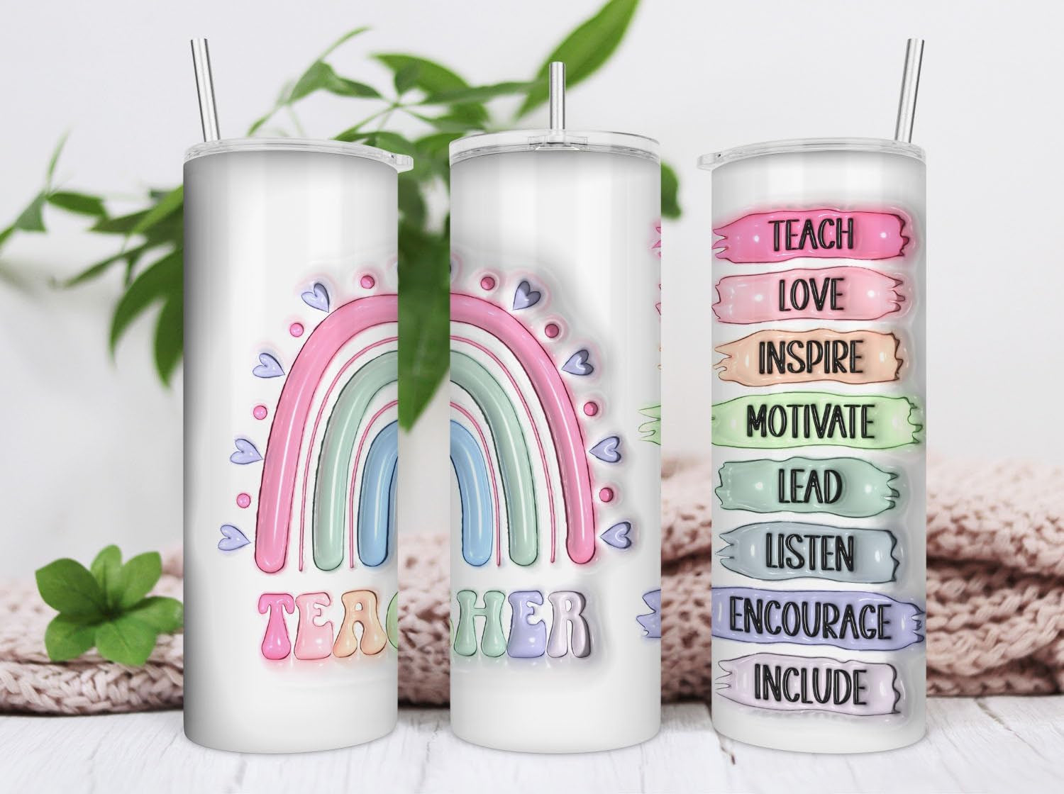 3D Inflated Teacher Skinny Tumbler , 3D Teacher Rainbow Puffy Tumbler