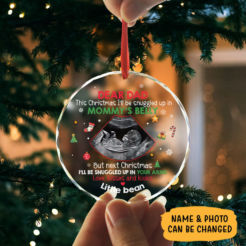 I'll Be Snuggled In Mommy's Belly, Personalized Glass Ornament, Newborn Baby, Custom Photo