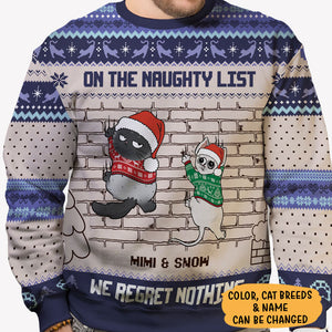 On The Naughty List We Regret Nothing, Personalized All-Over-Print Sweater, Kid Sweatshirt, Ugly Sweater, Gift For Cat Lovers