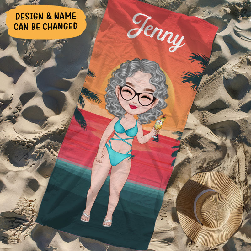 Woman On Beach Chibi Lady Sunset, Personalized Beach Towel, Beach Accessories For Vacation