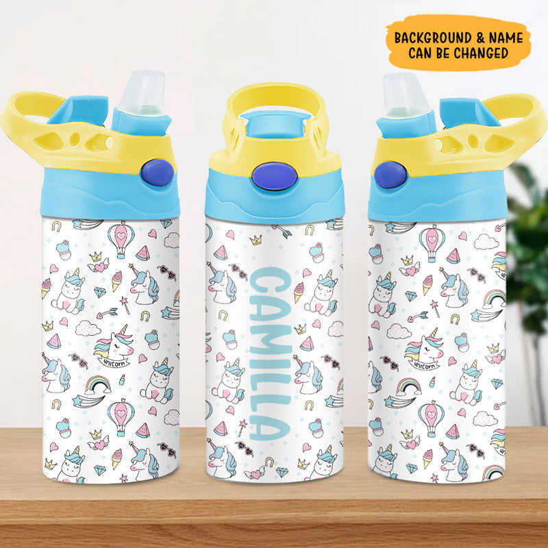 Custom Kid Bottle Unicorn Background, Personalized Water Bottle With Straw, Back To School Gift