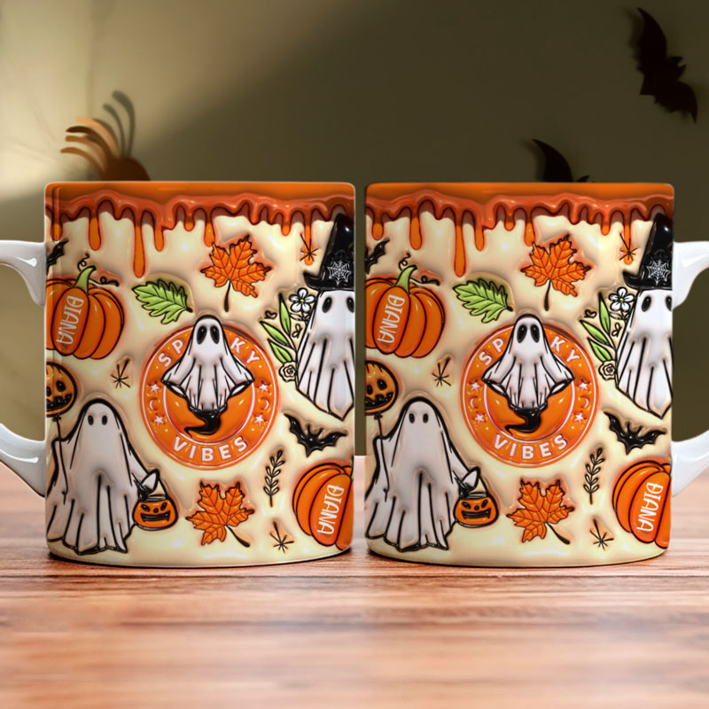 Spooky Vibes Ghost 3D Inflated, Personalized Full Wrap Mug, Halloween Gifts