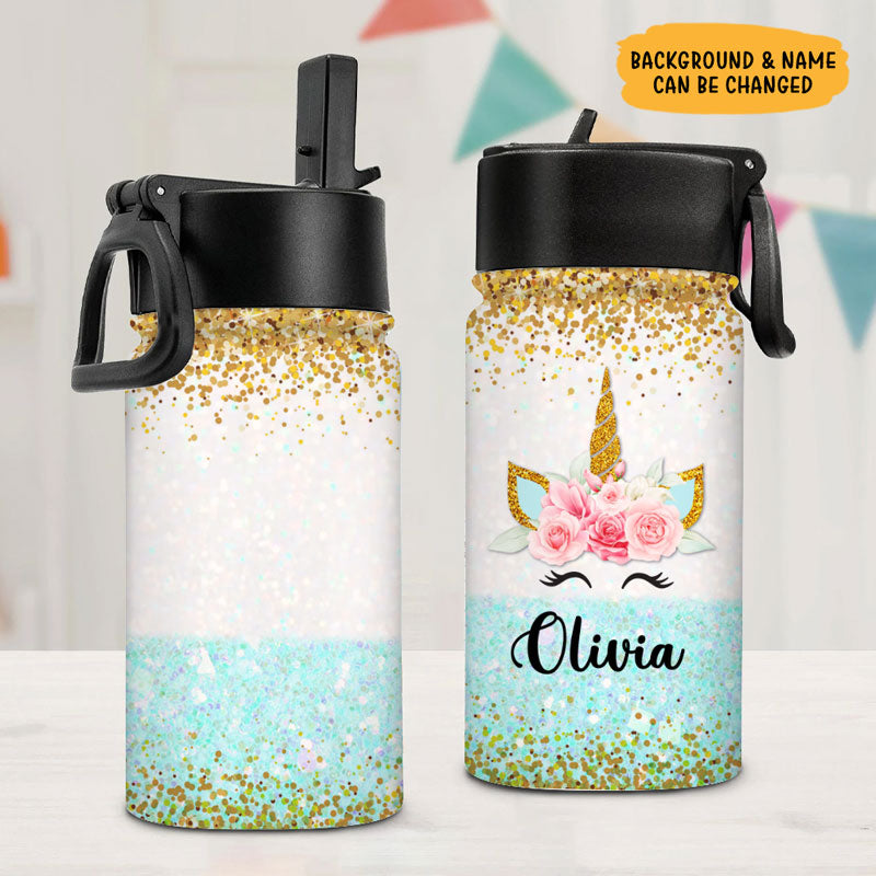 Unicorn Glitter Background, Personalized Water Bottle With Straw, Back To School Gift For Kid