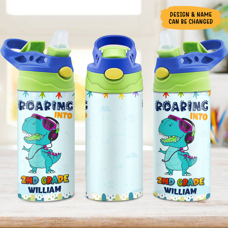 Roaring To School Dinosaur, Personalized Water Bottle With Straw, Back To School Gift For Kid