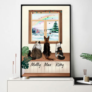 Dogs Cats Looking Outside Window, Personalized Poster, Gift For Pet Lovers