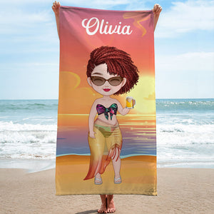 Woman On Beach Chibi Lady Sunset, Personalized Beach Towel, Beach Accessories For Vacation