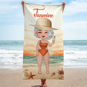 Woman On Beach Chibi Lady, Personalized Beach Towel, Beach Accessories For Vacation