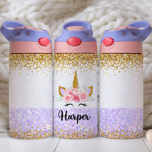 Unicorn Glitter Background, Personalized Water Bottle With Straw, Back To School Gift For Kid