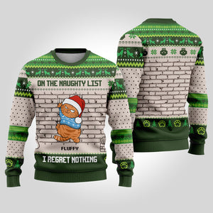 On The Naughty List We Regret Nothing, Personalized All-Over-Print Sweater, Kid Sweatshirt, Ugly Sweater, Gift For Cat Lovers