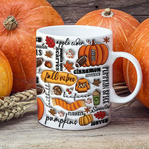 Pumpkins Fall Leaves 3D Inflated, Personalized Full Wrap Mug, Fall Gifts, Halloween Gifts