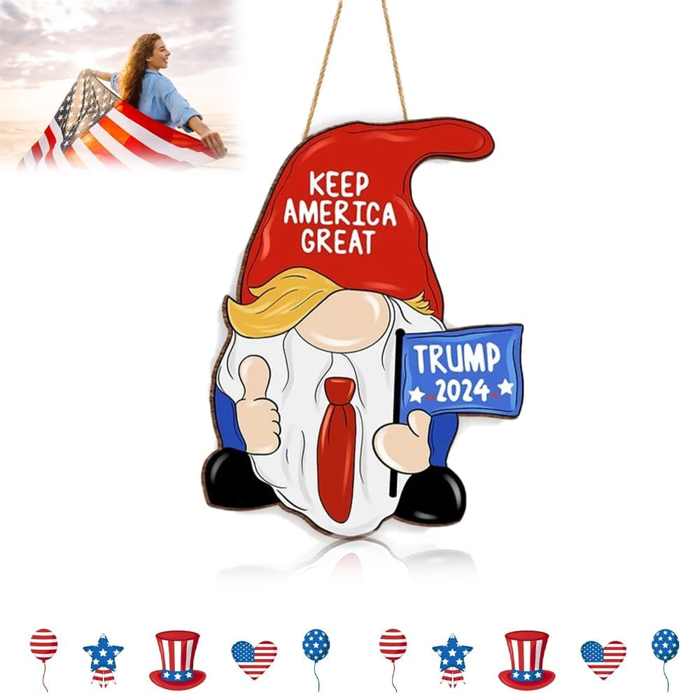 Idependence Day Gnome - Wooden Sign,4Th of July Front Door Sign Decorations, Patriotic Door Wreath Memorial Day Door Decor,Make America Great Red White Blue Welcome Sign for Front Door