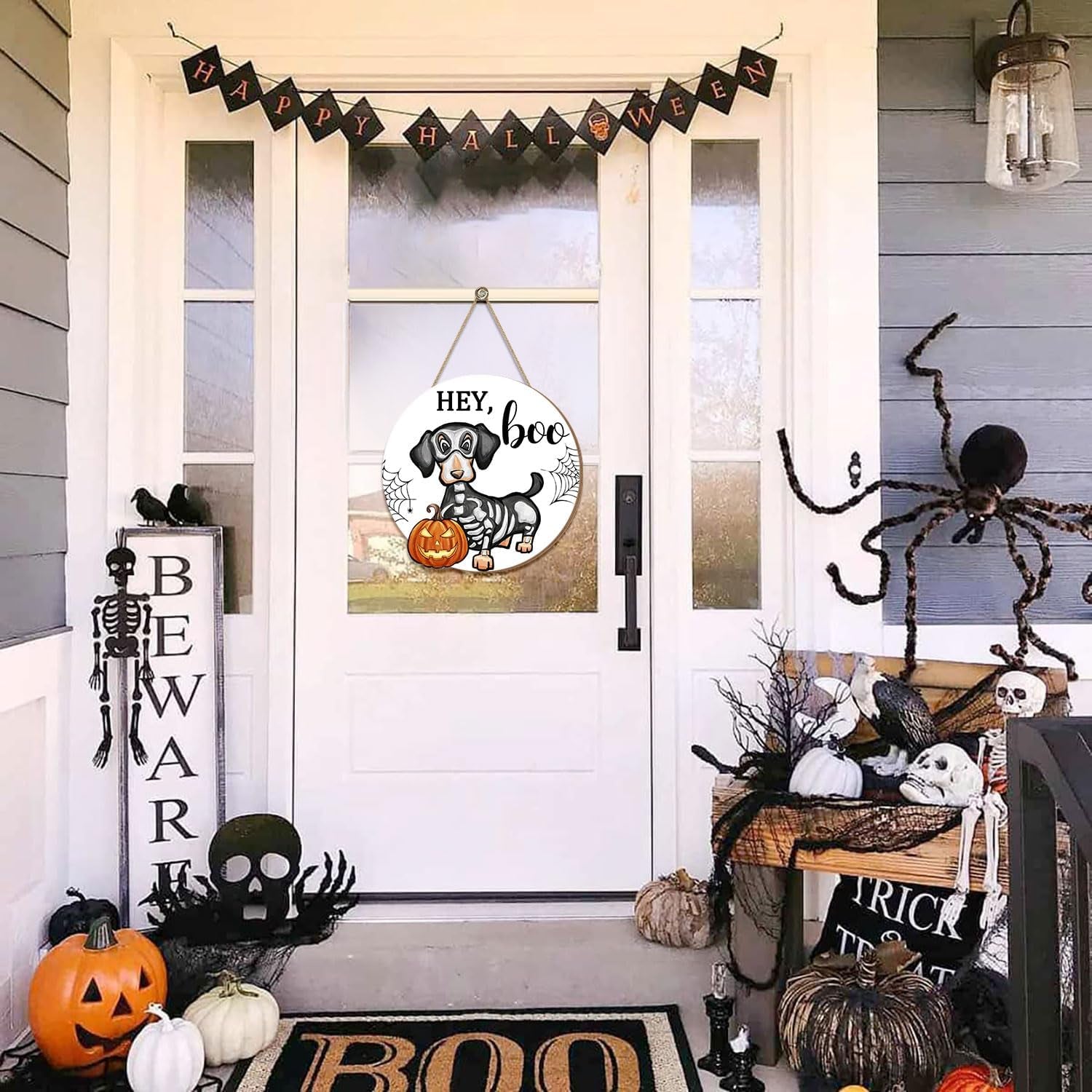 Halloween Decorations Wood Sign, Hey Boo Dachshund Pumkin Circle Door Sign, Halloween Gift For Dog Lovers