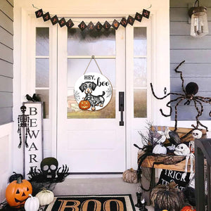 Halloween Decorations Wood Sign, Hey Boo Dachshund Pumkin Circle Door Sign, Halloween Themed Wooden Hanging Sign