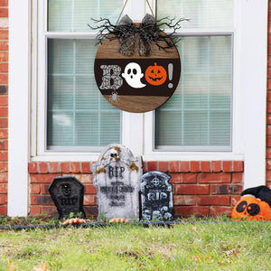 Halloween Decorations Wood Sign, Boo! Circle Door Sign, Halloween Themed Wooden Hanging Sign