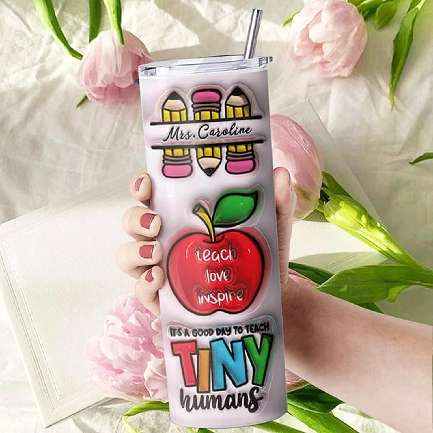 Personalised 3D Inflated Effect Apple Pencil Rainbow 20Oz Skinny Tumbler, Appreciation Teacher'S Day Gift for Teacher, Back To School