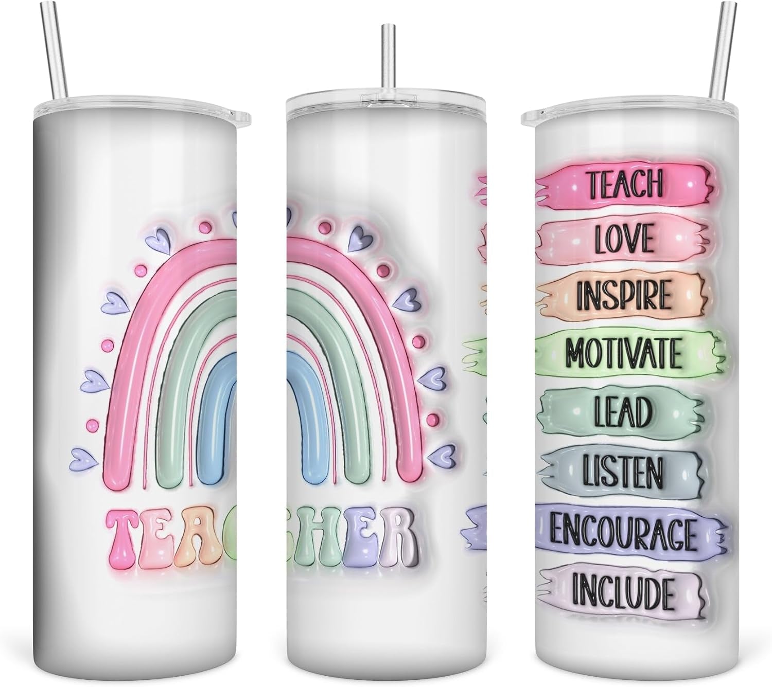 3D Inflated Teacher Skinny Tumbler , 3D Teacher Rainbow Puffy Tumbler