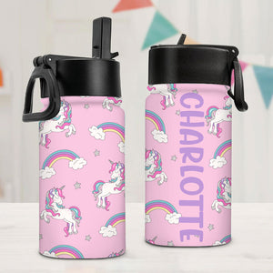 Custom Kid Bottle Unicorn Background, Personalized Water Bottle With Straw, Back To School Gift