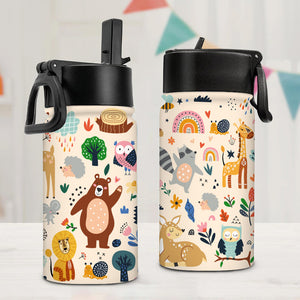 Animal World Background Bottle, Personalized Water Bottle With Straw, Back To School Gift For Kid