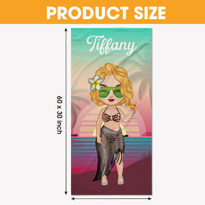 Woman On Beach Chibi Lady Sunset, Personalized Beach Towel, Beach Accessories For Vacation