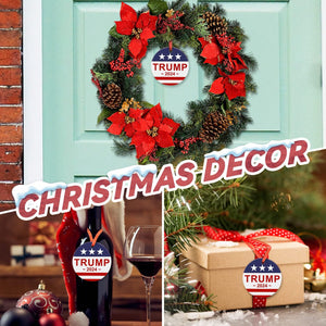 Christmas Ornament, Unfade Ceramic Tree Ornament, US Flag, President Trump, 2024 Make America Great Again, Patriotic Xmas Gift with Red Ribbon & Gift Box