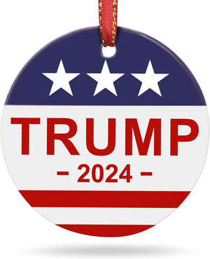 Christmas Ornament, Unfade Ceramic Tree Ornament, US Flag, President Trump, 2024 Make America Great Again, Patriotic Xmas Gift with Red Ribbon & Gift Box