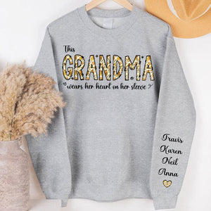 This Mommy Grandma Wears Her Heart On Her Sleeve, Personalized Sweatshirt Custom Name On Sleeve, Family Sweatshirt, Christmas Gift