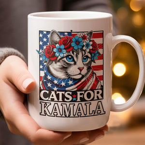 Cats For Kamala Flower US Flag, Personalized Ceramic Mug, Gift For Kamala Harris Supporters