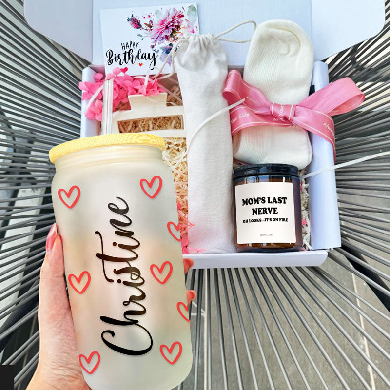 Gift Box For Women, Custom Text Iced Coffee Cup And Candle, Birthday Gift, Mother's Day Gift