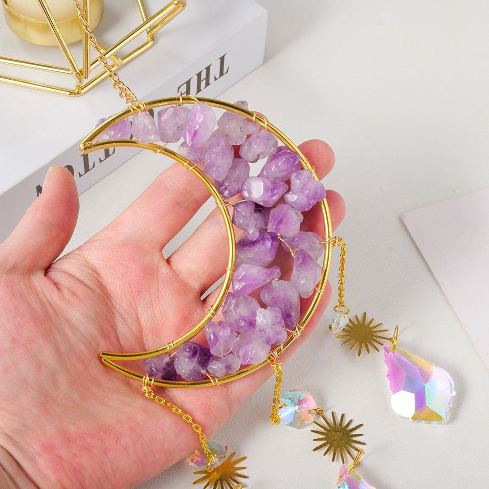 Handcrafted Amethyst Crystal Moon Sun Catcher