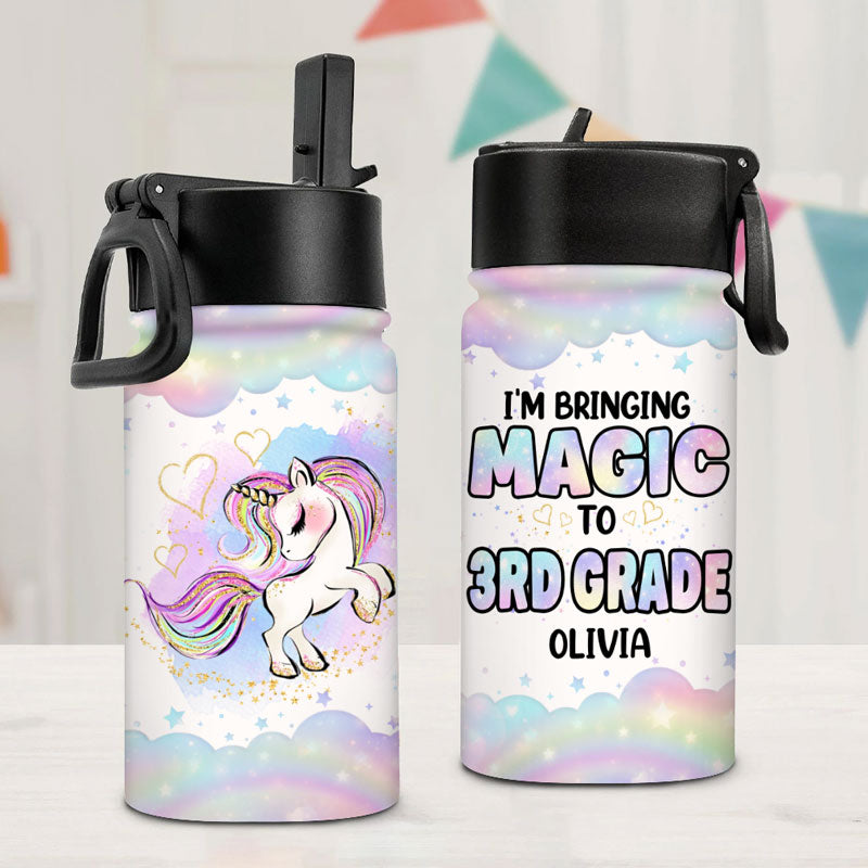 I'm Bringing Magic To School Unicorn, Personalized Water Bottle With Straw, Back To School Gift For Kid