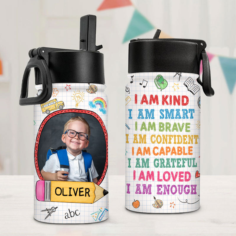 I'm Kind Smart Brave Confident, Personalized Water Bottle With Straw, Back To School Gift For Kid, Custom Photo