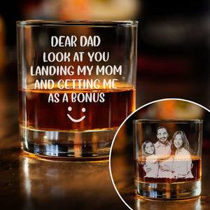 Getting Me As A Bonus, Personalized Engraved Rock Glass, Gift For Dad, Custom Photo