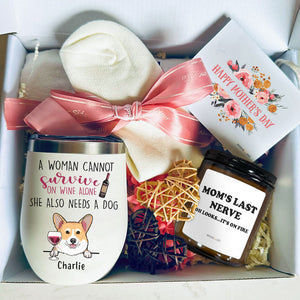 Mother's Day Gift Box For Dog Lovers, Personalized Wine Tumbler Set, A Woman Cannot Survive On Wine Alone, Birthday Gift