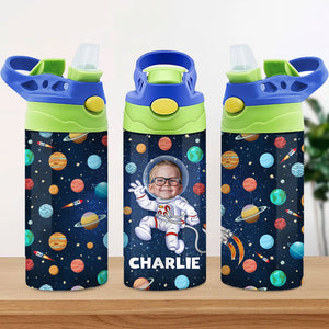 Astronaut Space Galaxy Kid, Personalized Water Bottle With Straw, Back To School Gift For Kid, Custom Photo