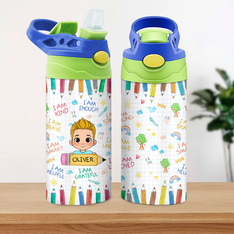 I Am Kind I Am Grateful, Personalized Water Bottle With Straw, Back To School Gifts, Custom Photo