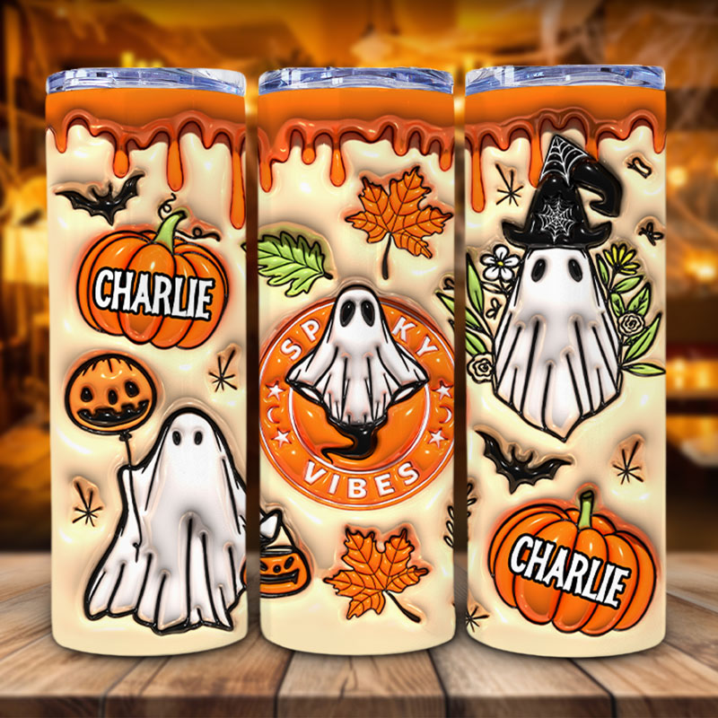 Spoky Vibes Ghost Skinny Tumbler, Personalized Tumbler, Halloween 3D Inflated Drinkware