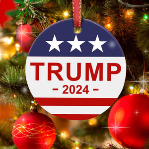 Christmas Ornament, Unfade Ceramic Tree Ornament, US Flag, President Trump, 2024 Make America Great Again, Patriotic Xmas Gift with Red Ribbon & Gift Box