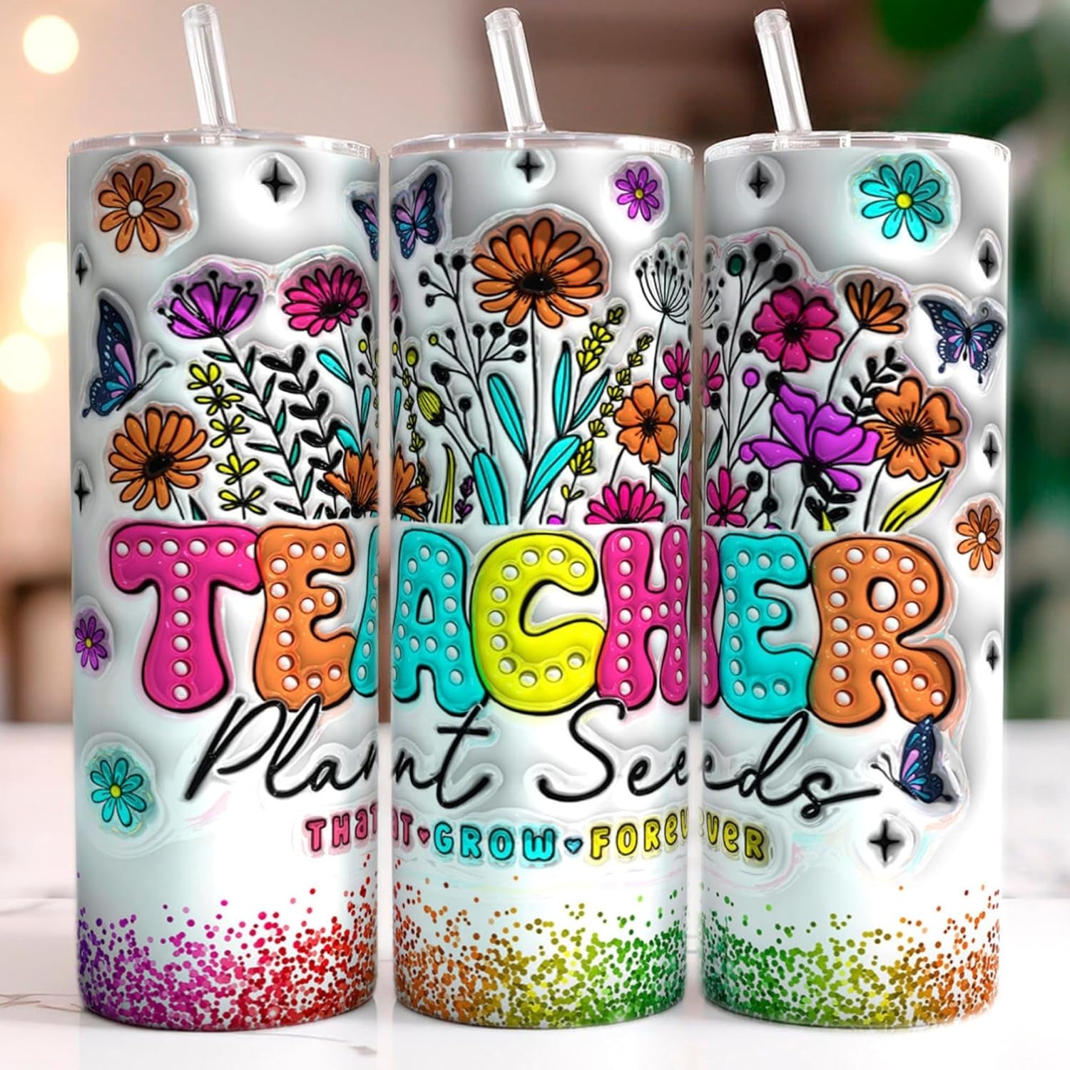 Personalized Teacher Groovy 3D Inflated Teacher Plants Seed Tumbler 20oz Back to School 2024