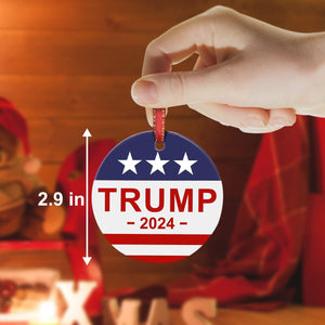 Christmas Ornament, Unfade Ceramic Tree Ornament, US Flag, President Trump, 2024 Make America Great Again, Patriotic Xmas Gift with Red Ribbon & Gift Box